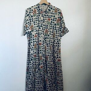 Bombay Geometric and Floral Midi Dress 100 Viscose - Green and Orange